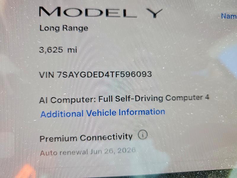 2026 Tesla VIN 7SAYGDED4TF596093 COPART salvage auction — FRONT END, Ca - Salvage Certificate, sold $14,500 on 2026-07-22 (photo 9)