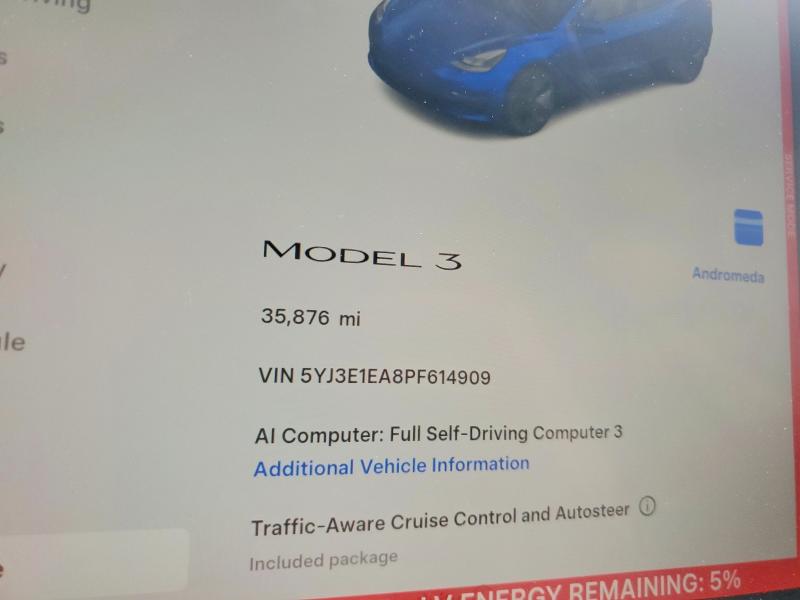 2023 Tesla VIN 5YJ3E1EA8PF614909 COPART salvage auction — REAR END, Nj - Cert Of Title-Salvage, sold $4,300 on 2026-07-29 (photo 9)