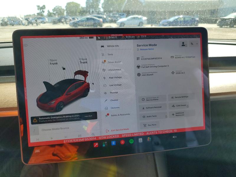 2021 Tesla Model 3 VIN 5YJ3E1EB3MF853014 COPART salvage auction — FRONT END, CA - SALVAGE CERTIFICATE, sold $8,200 on 2026-07-09 (photo 9)