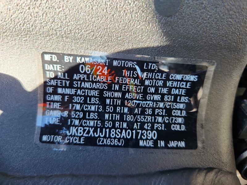2025 Kawasaki Ninja VIN JKBZXJJ18SA017390 COPART salvage auction — FRONT END, Co - Salvage Title, sold $3,900 on 2026-07-22 (photo 9)