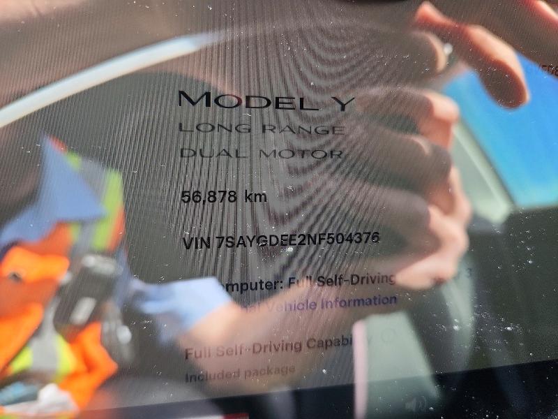 2022 Tesla Mdl y VIN 7SAYGDEE2NF504376 COPART salvage auction — FRONT END, On - Permit Salvage, sold $10,400 on 2026-07-14 (photo 9)