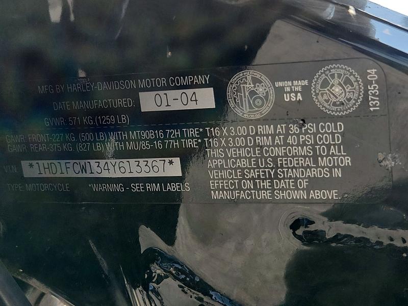 2004 Harley-davidson Flhtcui VIN 1HD1FCW134Y613367 COPART salvage auction — STRIPPED, Nv - Certificate Of Title, sold $350 on 2026-07-09 (photo 9)