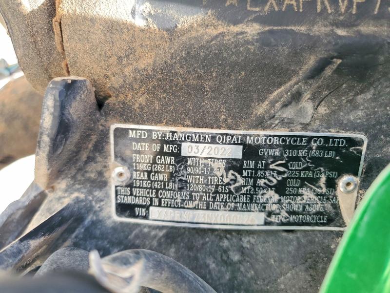 2022 Zero motorcycles inc Ds VIN LXAPRVP73NX000526 COPART salvage auction — FRONT END, TX - CERTIFICATE OF TITLE, sold $50 on 2026-07-31 (photo 9)