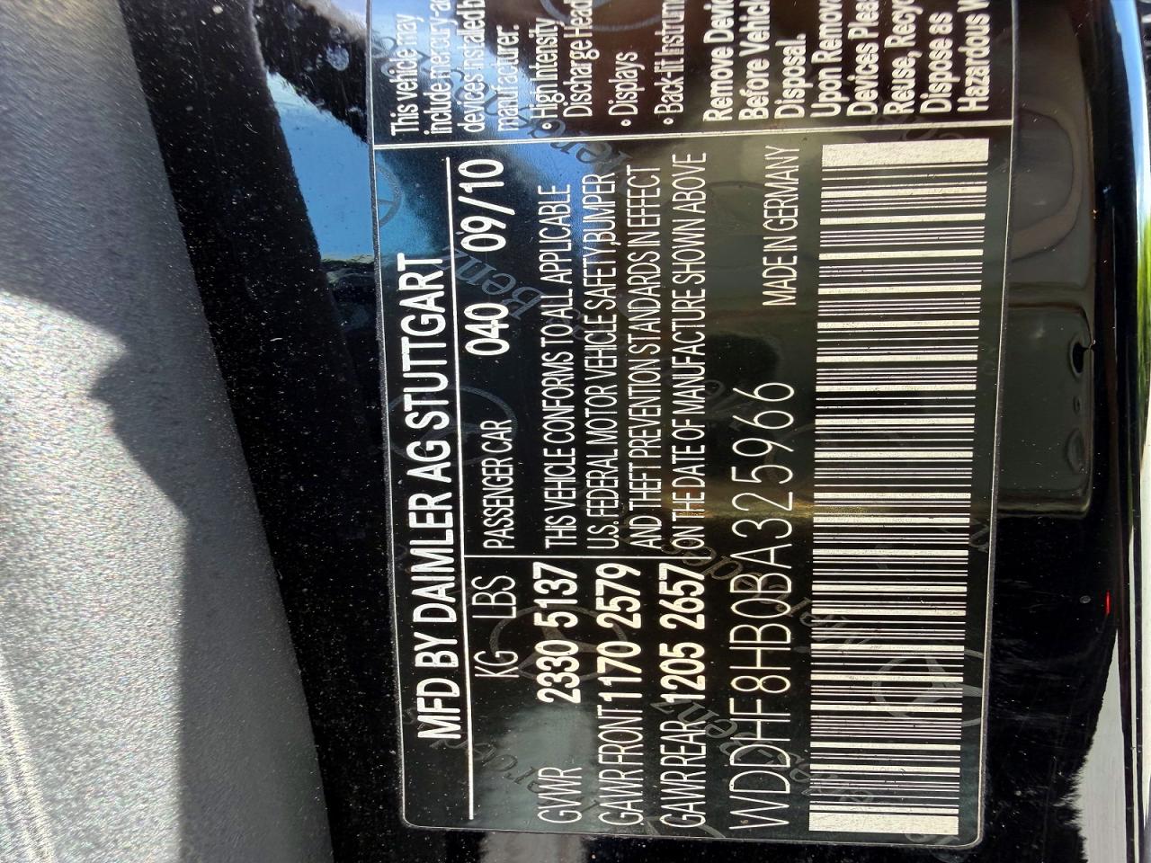 2011 Mercedes-Benz E-Class VIN WDDHF8HB0BA325966 COPART salvage auction — Normal Wear, MT - CERTIFICATE OF TITLE (P), sold $450 on 2026-07-01 (photo 9)