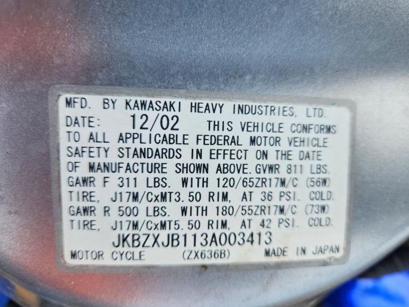 2003 Kawasaki Zx636 VIN JKBZXJB113A003413 COPART salvage auction — ALL OVER, Ct - Bill Of Sale-Salvage, sold $450 on 2026-07-31 (photo 9)