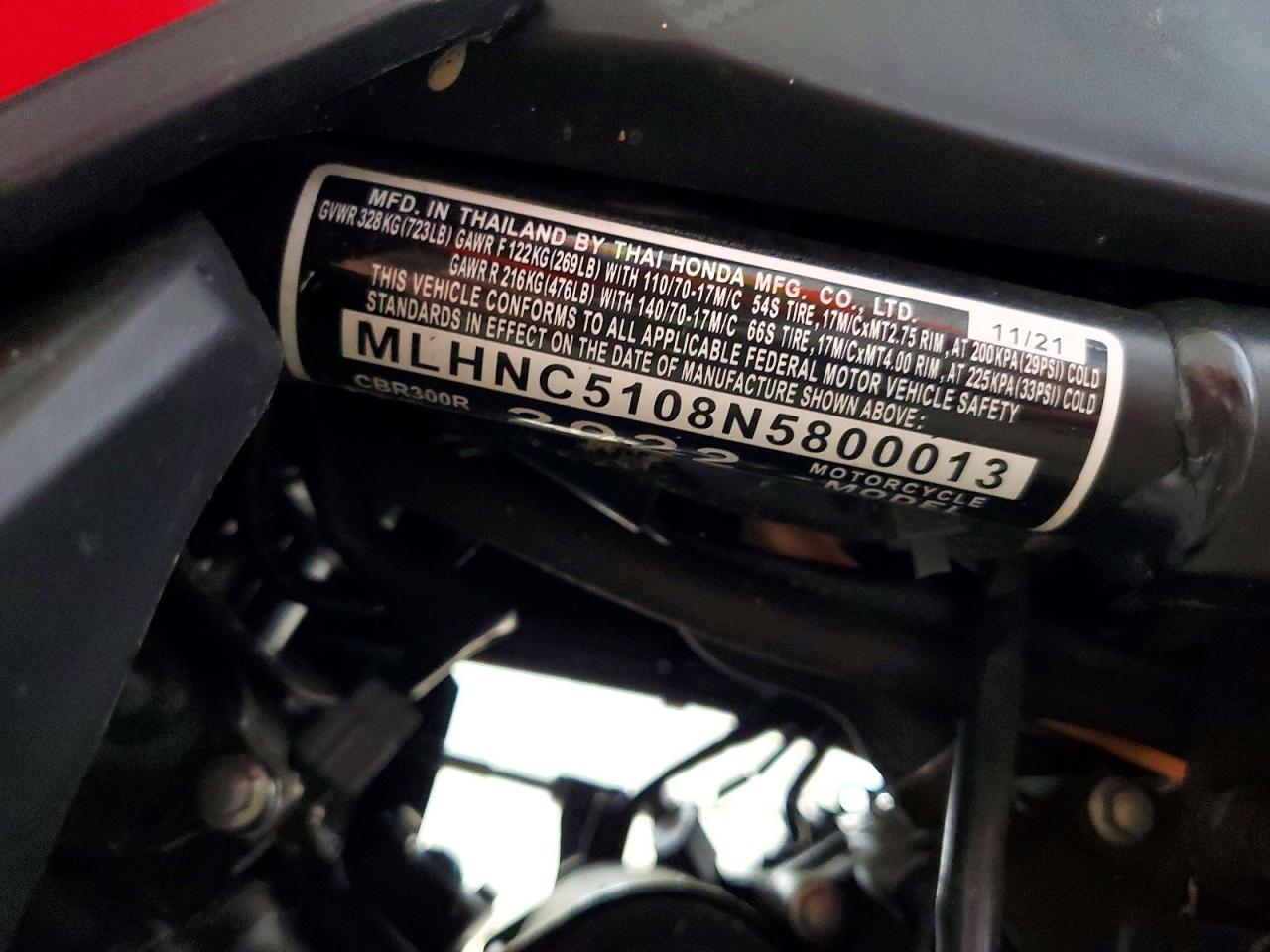 2022 Honda CBR300 VIN MLHNC5108N5800013 COPART salvage auction — All Over, TN - SALVAGE CERTIFICATE, sold $1,000 on 2026-07-09 (photo 9)