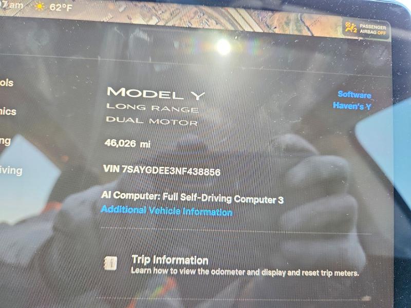 2022 Tesla Model y VIN 7SAYGDEE3NF438856 COPART salvage auction — REAR END, Co - Public - Salvage Title, sold $16,200 on 2026-07-09 (photo 9)