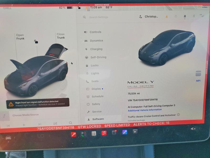 2022 Tesla Model y VIN 7SAYGDEF8NF394118 COPART salvage auction — FRONT END, Ca - Salvage Certificate, sold $10,700 on 2026-07-16 (photo 9)