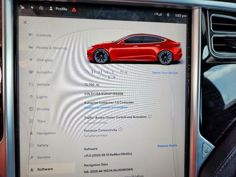 2016 Tesla VIN 5YJSA1E25GF155208 COPART salvage auction — FRONT END, Tx - Salvage Vehicle Title, sold $5,200 on 2026-07-02 (photo 9)