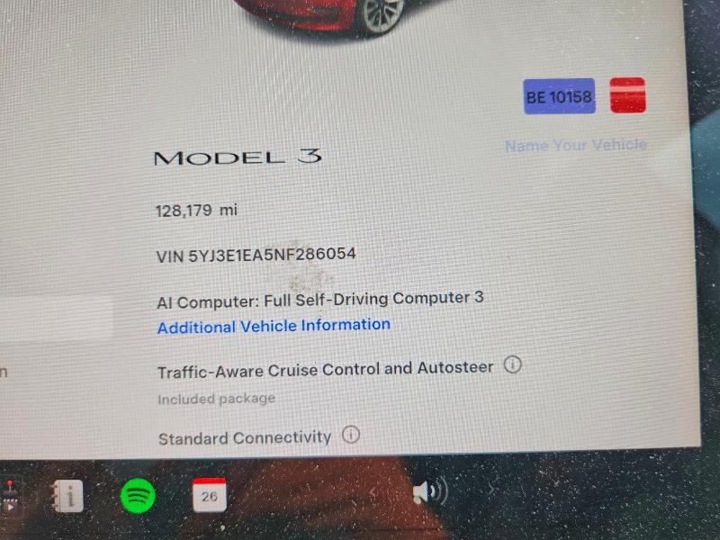 2022 Tesla Model 3 VIN 5YJ3E1EA5NF286054 COPART salvage auction — SIDE, VA - CERT OF TITLE - SALVAGE, sold $3,550 on 2026-07-22 (photo 9)