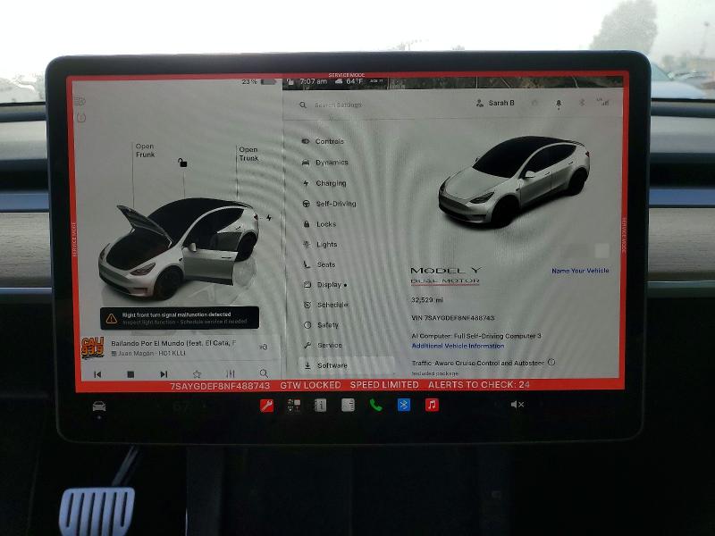 2022 Tesla Model y VIN 7SAYGDEF8NF488743 COPART salvage auction — FRONT END, Ca - Salvage Certificate, sold $9,900 on 2026-07-24 (photo 9)