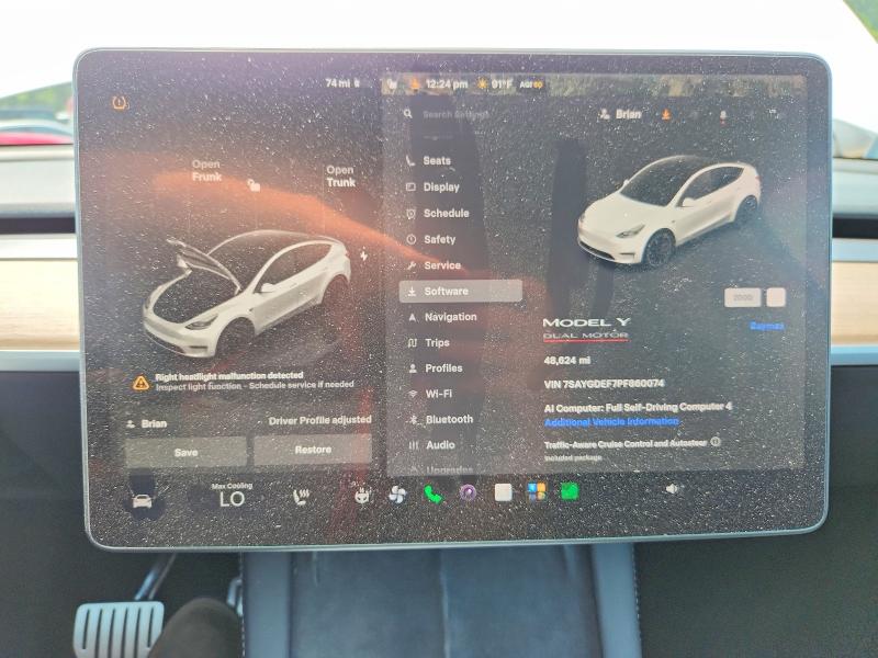 2023 Tesla Model y VIN 7SAYGDEF7PF860074 COPART salvage auction — FRONT END, Ct - Cert Of Title-Salvage, sold $13,700 on 2026-07-09 (photo 9)