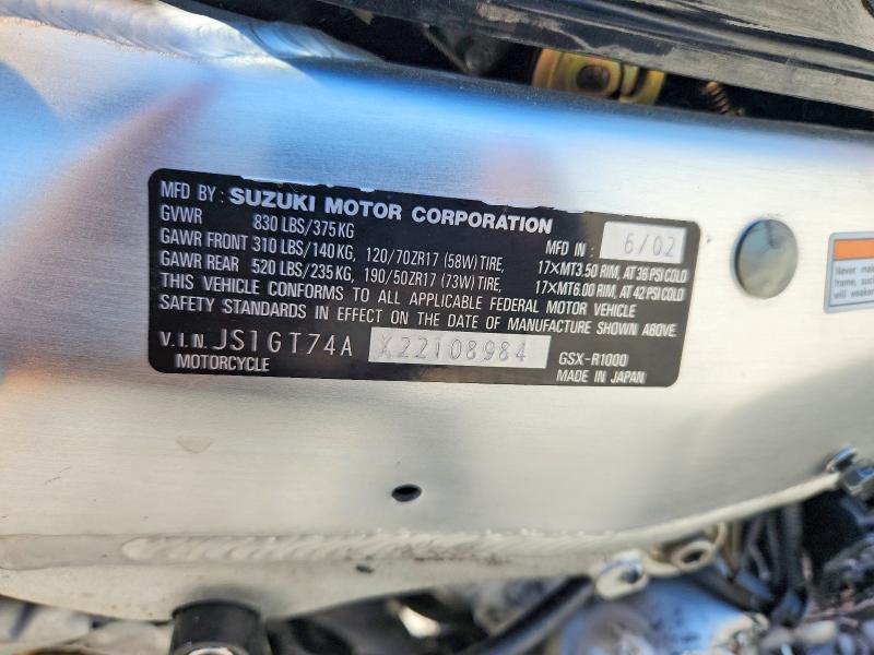 2002 Suzuki Gsx-r1000 VIN JS1GT74AX22108984 COPART salvage auction — ROLLOVER, UT - SALVAGE CERTIFICATE, sold $100 on 2026-07-14 (photo 9)