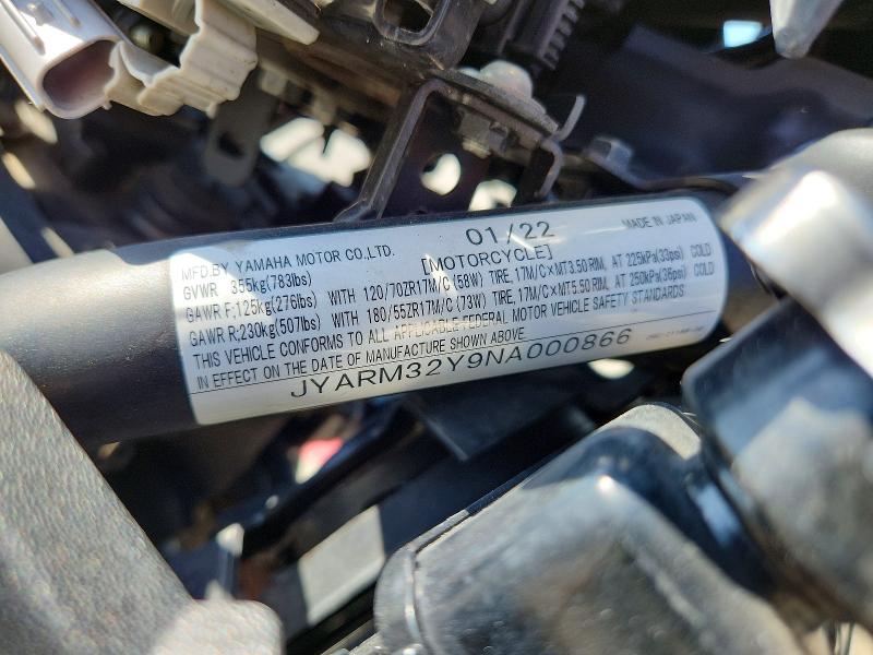 2022 Yamaha Mt VIN JYARM32Y9NA000866 COPART salvage auction — VANDALISM, Ca - Salvage Certificate, sold $150 on 2026-07-30 (photo 8)