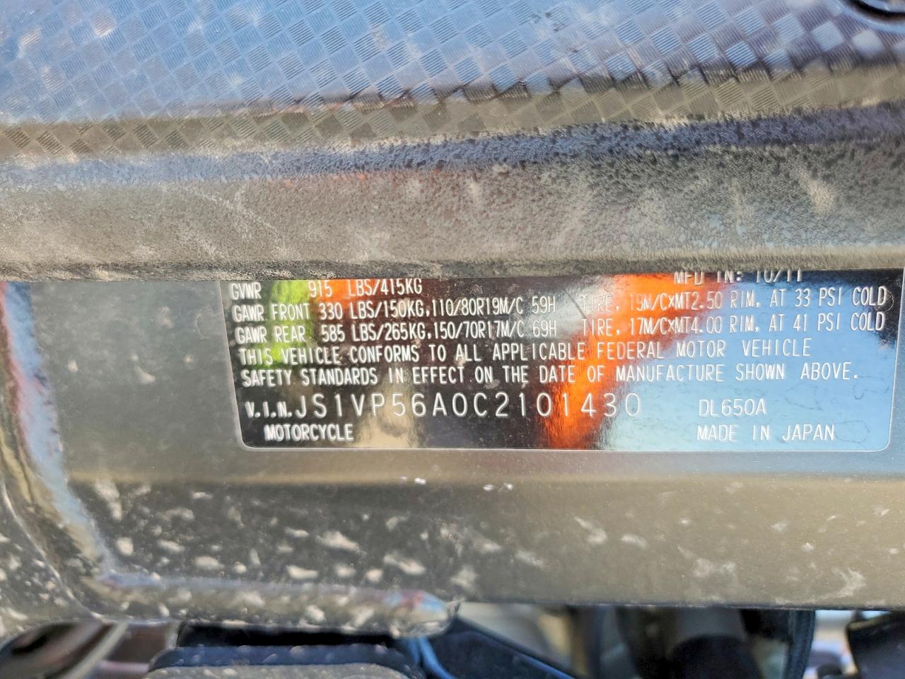 2012 Suzuki DL650 A VIN JS1VP56A0C2101430 COPART salvage auction — Front End, AZ - CERT OF TITLE - SALVAGE, sold $150 on 2026-07-09 (photo 8)