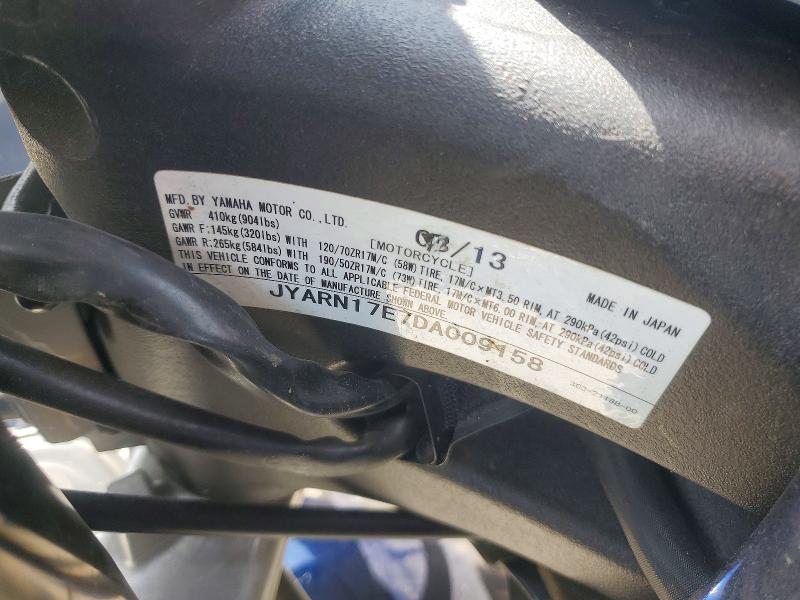 2013 Yamaha VIN JYARN17E7DA009158 COPART salvage auction — SIDE, Ms - Cert Of Title-Salvaged, sold $1,100 on 2026-07-30 (photo 9)