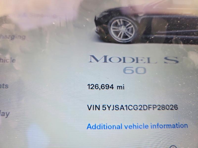 2013 Tesla VIN 5YJSA1CG2DFP28026 COPART salvage auction — FRONT END, Tx - Salvage Vehicle Title, sold $3,800 on 2026-07-30 (photo 9)