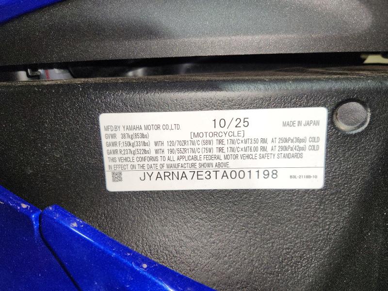 2026 Yamaha Yzf1000 VIN JYARNA7E3TA001198 COPART salvage auction — ALL OVER, OH - CERT OF TITLE-SALVAGE, sold $6,600 on 2026-07-16 (photo 9)