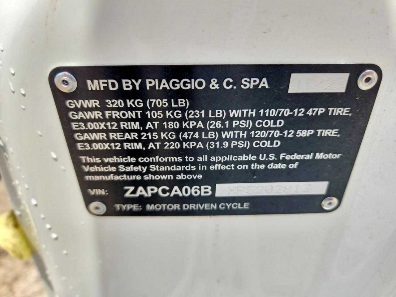 2023 Vespa PRIMAVERA/SPRINT VIN ZAPCA06BXP5202813 COPART salvage auction — Front End, IL - SALVAGE CERTIFICATE, sold $700 on 2026-07-09 (photo 9)