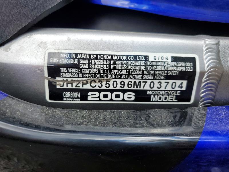 2006 Honda Cbr600 VIN JH2PC35096M703704 COPART salvage auction — FRONT END, ON - PERMIT NO BRAND - UNFIT, sold $300 on 2026-07-23 (photo 9)