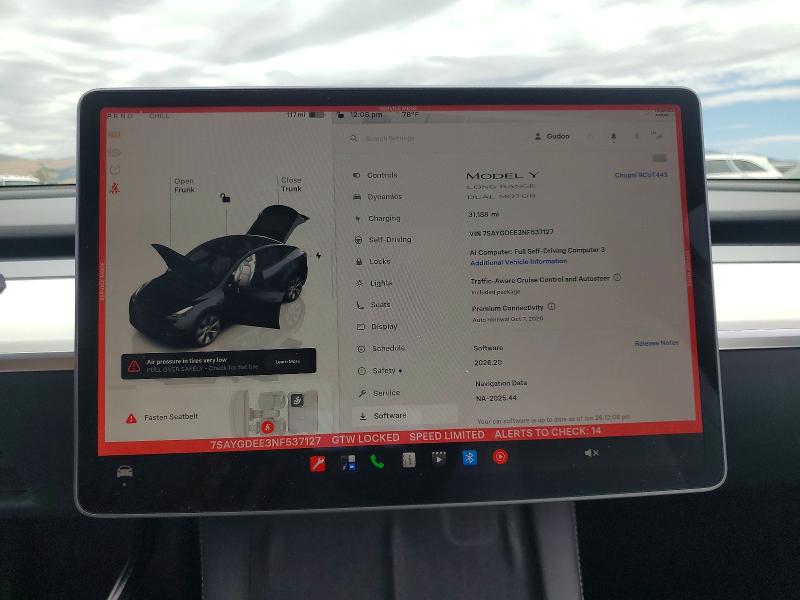 2022 Tesla Model y VIN 7SAYGDEE3NF537127 COPART salvage auction — REAR END, Ca - Salvage Certificate, sold $12,700 on 2026-07-16 (photo 9)