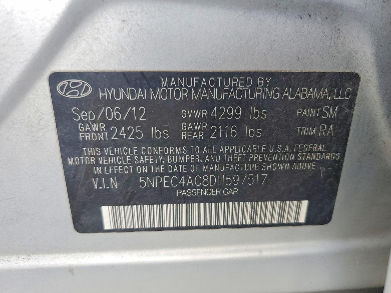 2013 Hyundai VIN 5NPEC4AC8DH597517 COPART salvage auction — FRONT END, Nc - Salvage Certificate Of Title, sold $325 on 2026-07-16 (photo 2)
