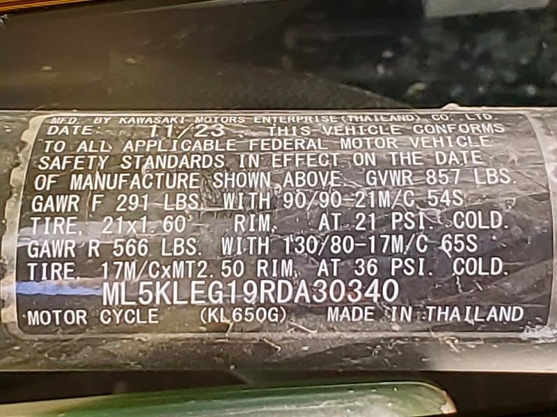 2024 Kawasaki Klr 650 VIN ML5KLEG19RDA30340 COPART salvage auction — SIDE, Ut - Salvage Certificate, sold $1,900 on 2026-07-16 (photo 9)