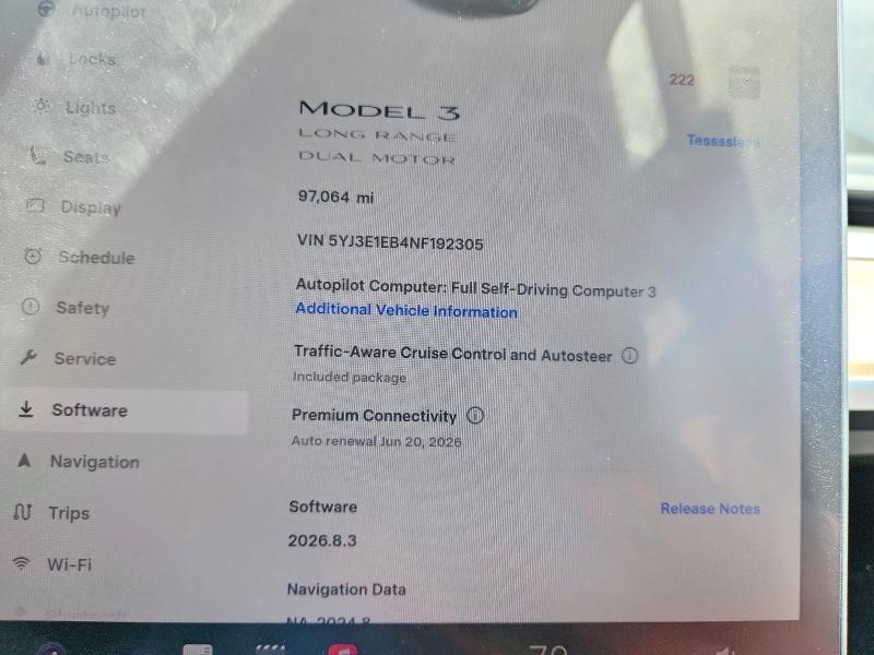 2022 Tesla Model 3 VIN 5YJ3E1EB4NF192305 COPART salvage auction — SIDE, UT - SALVAGE CERTIFICATE, sold $1,650 on 2026-09-04 (photo 9)