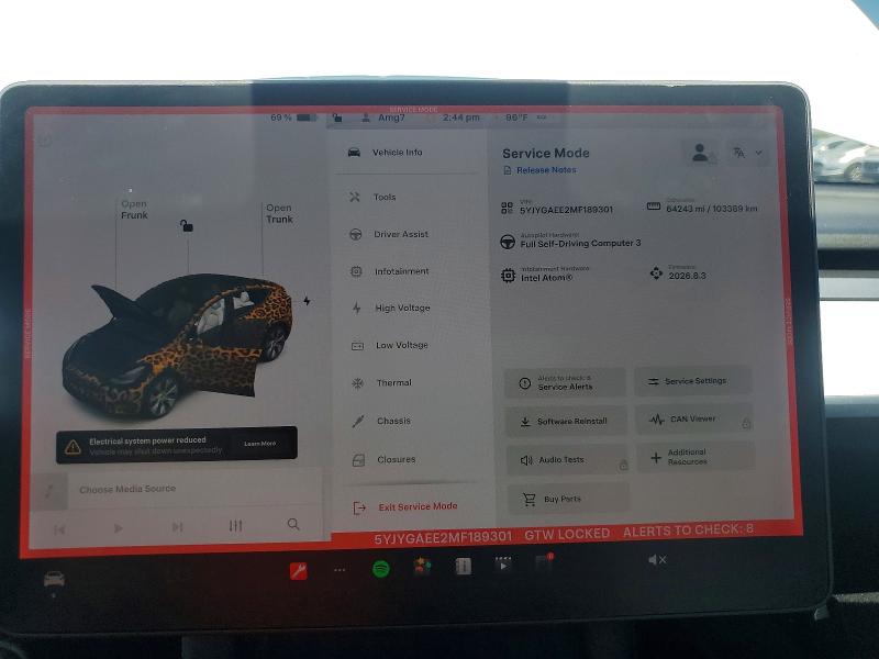 2021 Tesla Model y VIN 5YJYGAEE2MF189301 COPART salvage auction — FRONT END, Ca - Salvage Certificate, sold $90 on 2026-07-28 (photo 9)