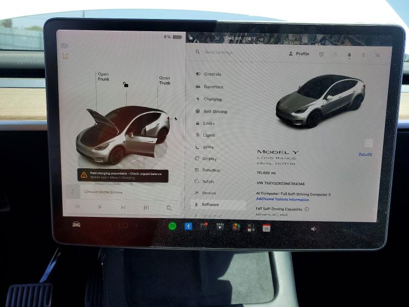 2022 Tesla VIN 7SAYGDEE9NF354346 COPART salvage auction — FRONT END, CA - SALVAGE CERTIFICATE, sold $7,400 on 2026-07-27 (photo 9)