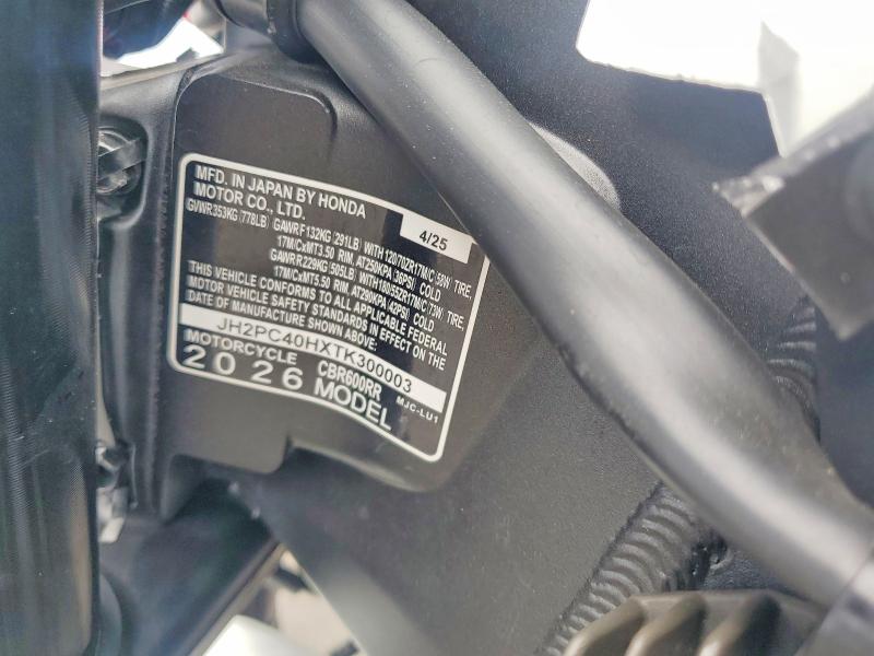 2026 Honda VIN JH2PC40HXTK300003 COPART salvage auction — FRONT END, FL - CERTIFICATE OF DESTRUCTION, sold $2,200 on 2026-07-23 (photo 9)