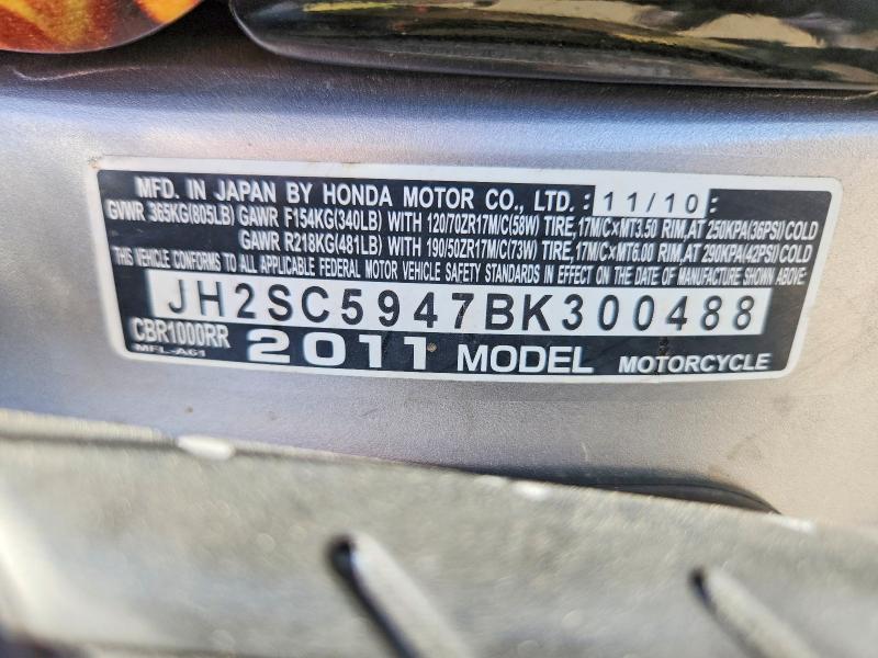 2011 Honda Cbr VIN JH2SC5947BK300488 COPART salvage auction — FRONT END, Or - Salvage Title Certificate, sold $825 on 2026-07-30 (photo 9)