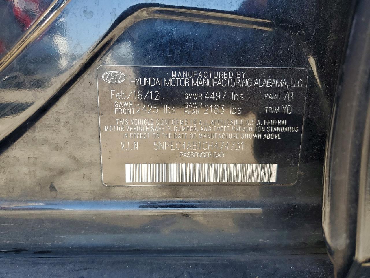 2012 Hyundai VIN 5NPEC4AB1CH474731 COPART salvage auction — FRONT END, Ca - Salvage Certificate, sold $275 on 2026-07-09 (photo 8)
