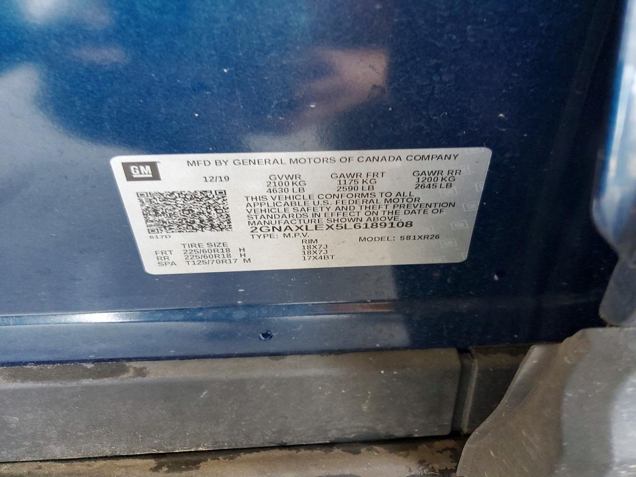 2020 Chevrolet VIN 2GNAXLEX5L6189108 COPART salvage auction — FRONT END, Ga - Cert Of Title-Salvage, sold $2,750 on 2026-07-04 (photo 3)