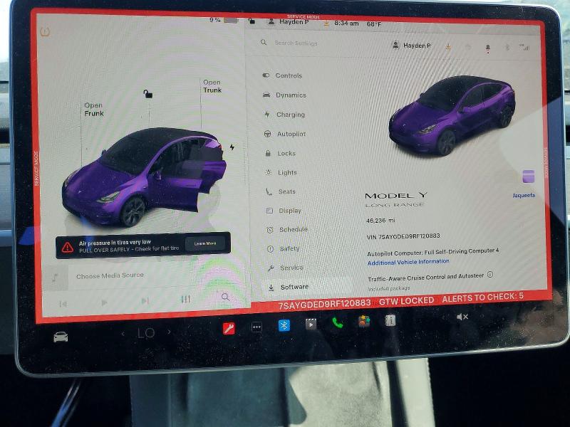 2024 Tesla Model y VIN 7SAYGDED9RF120883 COPART salvage auction — FRONT END, Ca - Salvage Certificate, sold $9,400 on 2026-07-06 (photo 9)