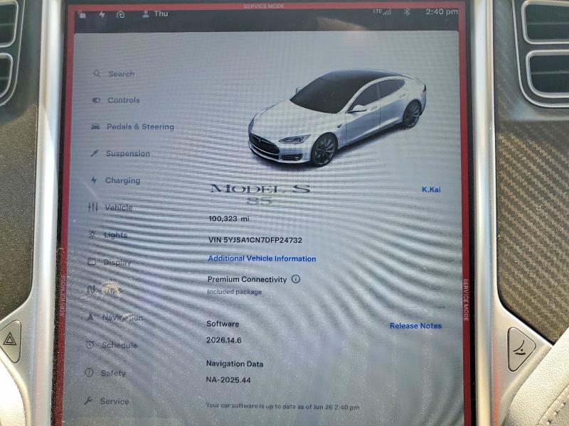 2013 Tesla VIN 5YJSA1CN7DFP24732 COPART salvage auction — FRONT END, Ca - Salvage Certificate, sold $3,100 on 2026-07-16 (photo 9)