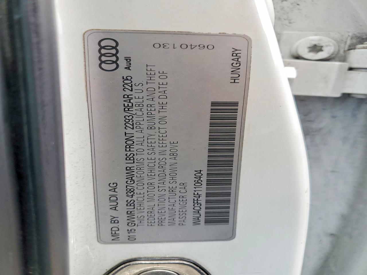 2015 Audi VIN WAUACGFF4F1106404 COPART salvage auction — FRONT END, Hi - Certificate Of Salvage, sold $150 on 2026-08-24 (photo 2)