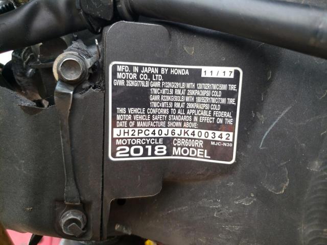 2018 Honda Cbr600 VIN JH2PC40J6JK400342 COPART salvage auction — FRONT END, Nc - Salvage Certificate Of Title, sold $1,900 on 2026-07-02 (photo 9)