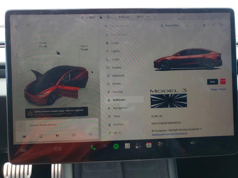 2024 Tesla Model 3 VIN 5YJ3E1ET3RF891312 COPART salvage auction — FRONT END, CT - CERT OF TITLE-SALVAGE, sold $3,000 on 2026-07-28 (photo 9)