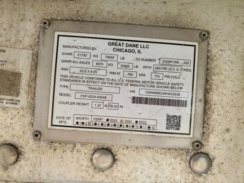 2022 Great dane trailers Trailer VIN 1GR4M9623NH433538 COPART salvage auction — REAR END, PA - CERTIFICATE OF SALVAGE, sold $12,200 on 2026-08-20 (photo 8)