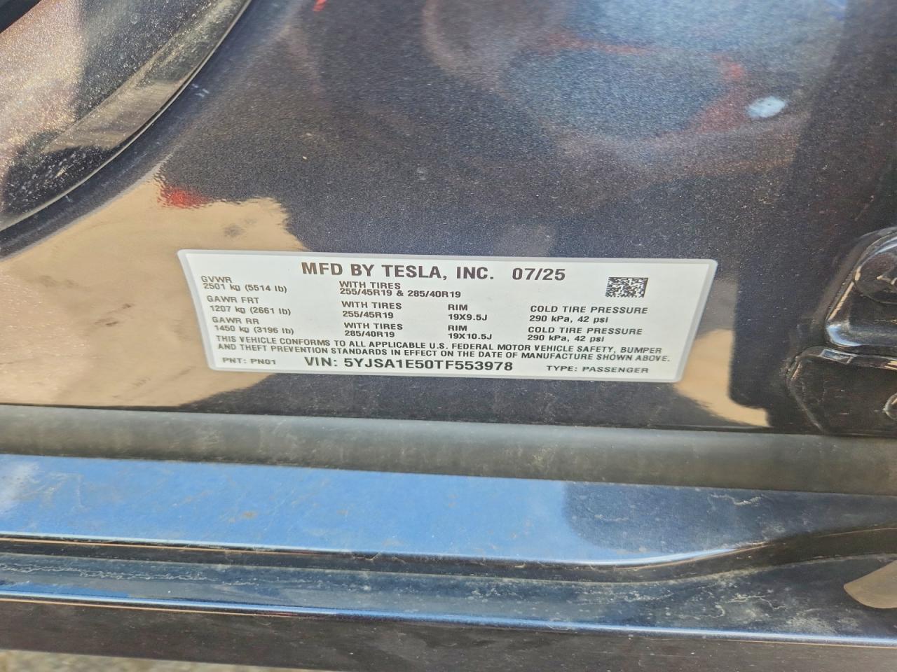 2026 Tesla Model s VIN 5YJSA1E50TF553978 COPART salvage auction — UNDERCARRIAGE, Ct - Cert Of Title-Salvage, sold $28,500 on 2026-07-14 (photo 2)