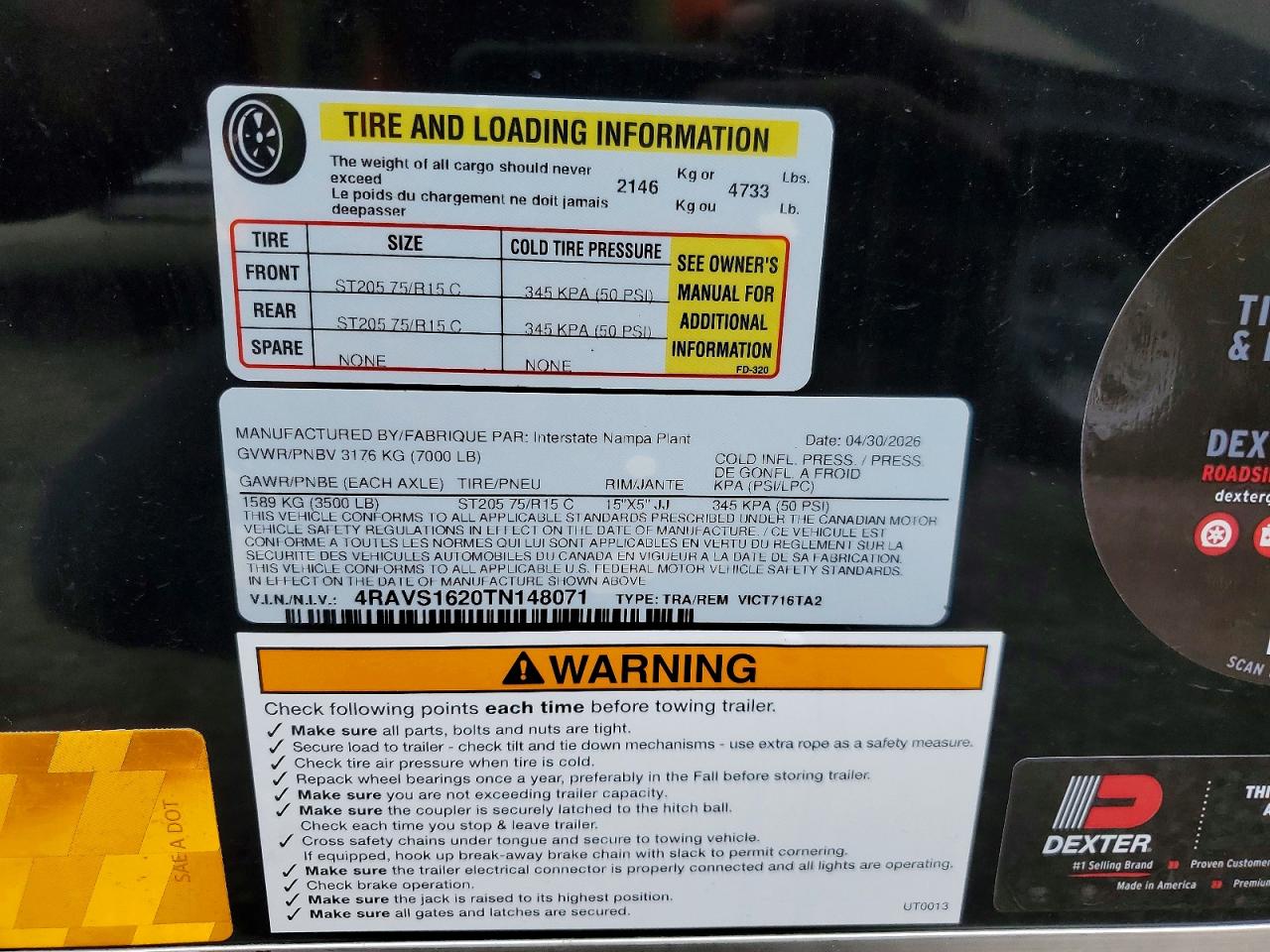 2026 Interstate Vict716ta2 VIN 4RAVS1620TN148071 COPART salvage auction — Minor Dent/Scratches, Ct - Clean Title, sold $7,250 on 2026-09-22 (photo 9)