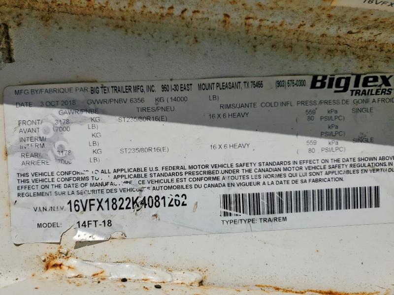 2019 Big tex Unknown VIN 16VFX1822K4081262 COPART salvage auction — UNDERCARRIAGE, CA - SALVAGE CERTIFICATE, sold $1,500 on 2026-10-08 (photo 8)