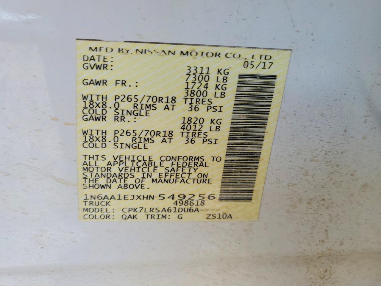 2017 Nissan TITAN VIN 1N6AA1EJXHN549256 COPART salvage auction — UNDERCARRIAGE, Ca - Salvage Certificate, sold $7,500 on 2026-07-29 (photo 7)