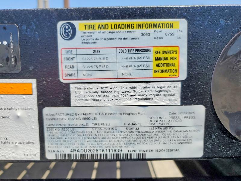 2026 Interstate Unknown VIN 4RADU2028TK111839 COPART salvage auction — NORMAL WEAR, TN - DIS/DLR/EXP ONLY CLEAN TITLE (P), sold $1,400 on 2026-10-07 (photo 9)
