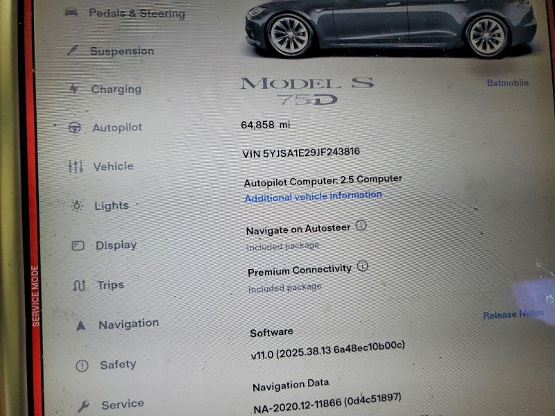 2018 Tesla Model s VIN 5YJSA1E29JF243816 COPART salvage auction — FRONT END, VA - CERT OF TITLE - SALVAGE, sold $225 on 2026-07-31 (photo 9)