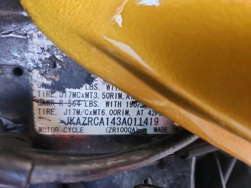 2003 Kawasaki Zr1000 VIN JKAZRCA143A011419 COPART salvage auction — NORMAL WEAR, TX - CERTIFICATE OF TITLE, sold $1,050 on 2026-07-30 (photo 9)