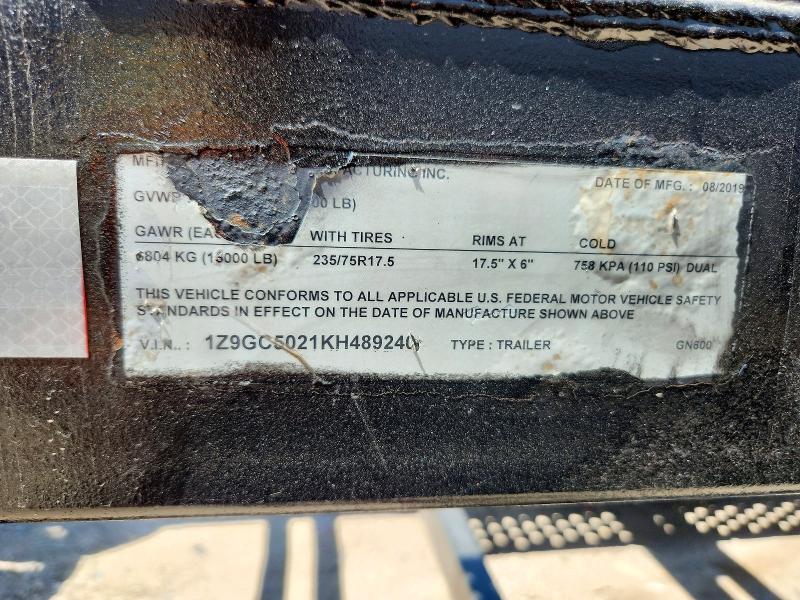 2019 Infiniti Trailer VIN 1Z9GC5021KH489240 COPART salvage auction — NORMAL WEAR, Id - Certificate Of Title (P), sold $9,500 on 2026-07-23 (photo 8)
