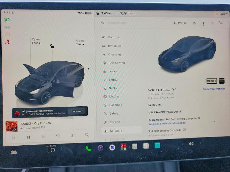 2022 Tesla VIN 7SAYGDEE1NA006618 COPART salvage auction — FRONT END, Pa - Certificate Of Salvage, sold $225 on 2026-07-31 (photo 9)