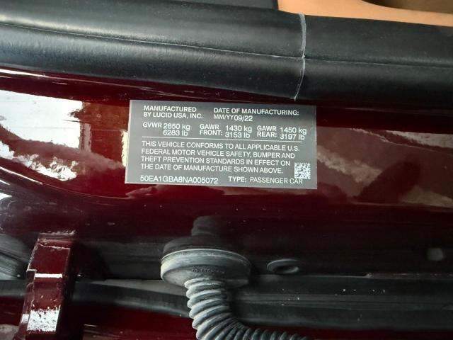 2022 Lucid Air VIN 50EA1GBA8NA005072 COPART salvage auction — DAMAGE HISTORY, Ca - Dlr/Dis/Exp Only Salvage Title (P), sold $14,000 on 2026-07-29 (photo 8)